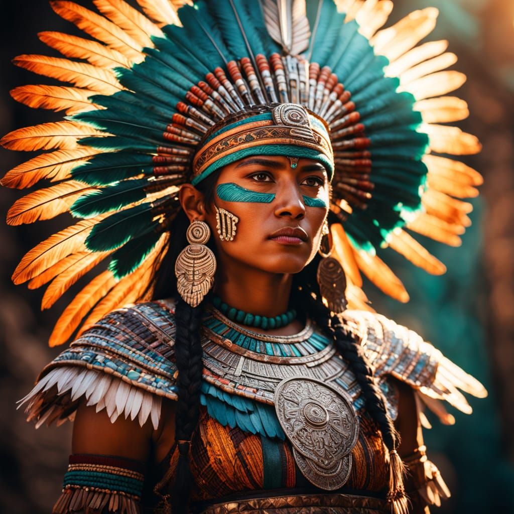 Fierce Aztec Warrior Woman in Vibrant, Golden Light