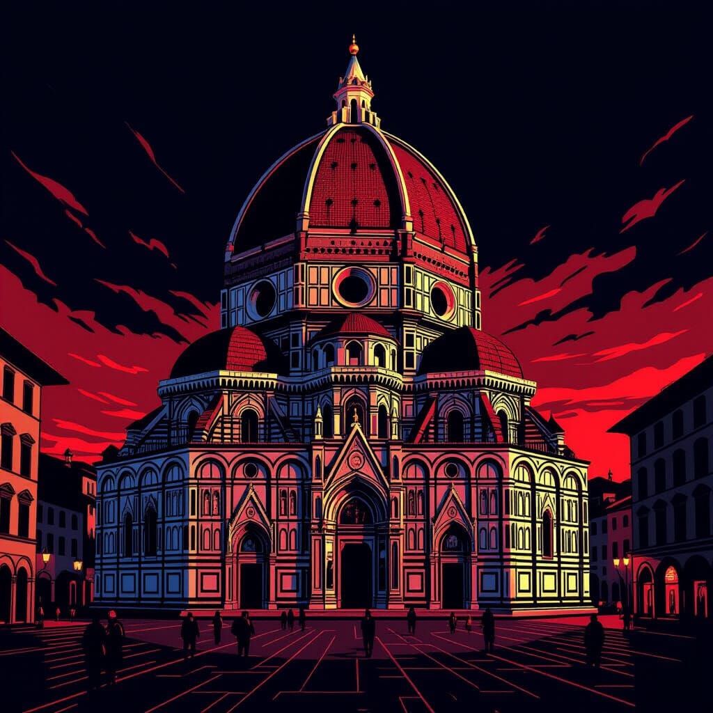 Duomo di Santa Maria in Dramatic Red and Black Chiaroscuro