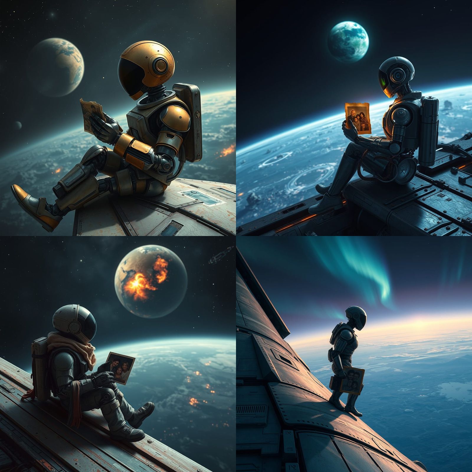 Lonely Robot Contemplates Destroyed Planet in Space