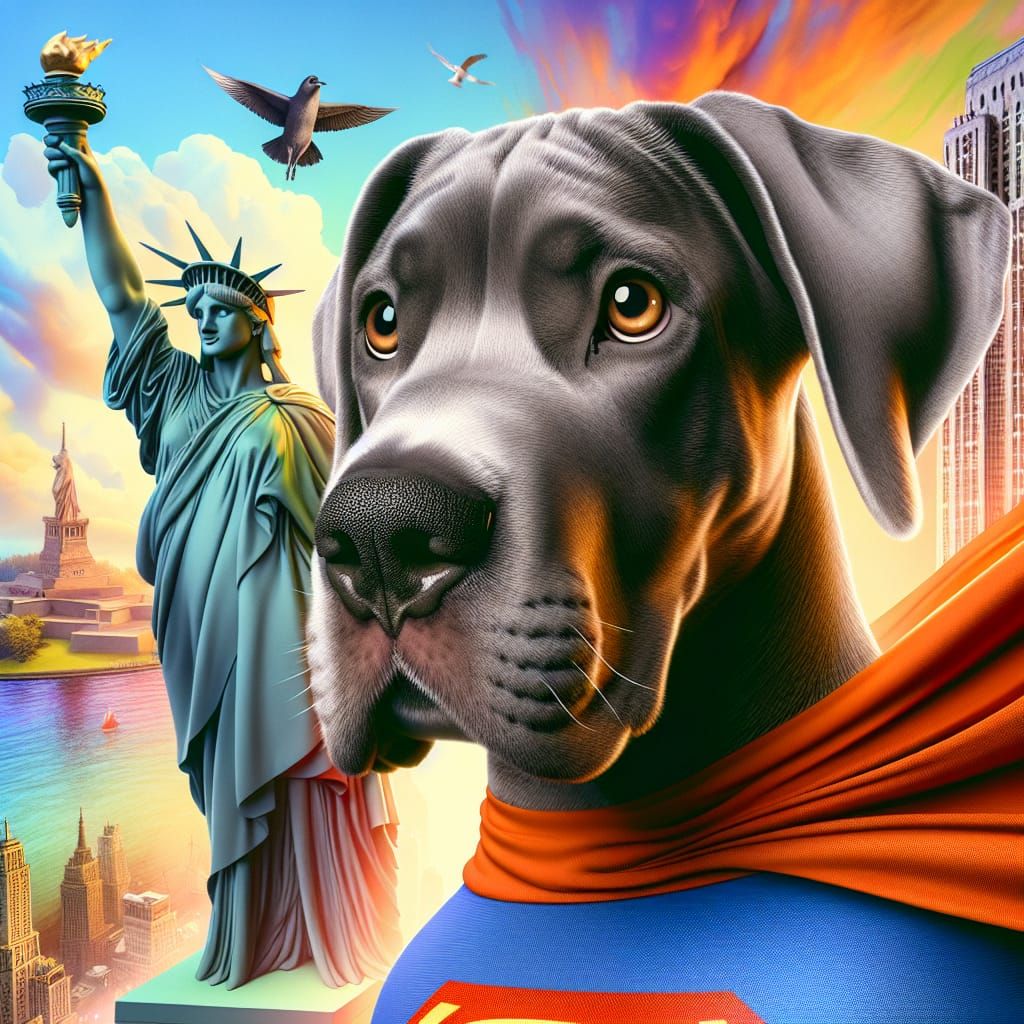 Great Dane Superhero Flies Around Statue of Liberty