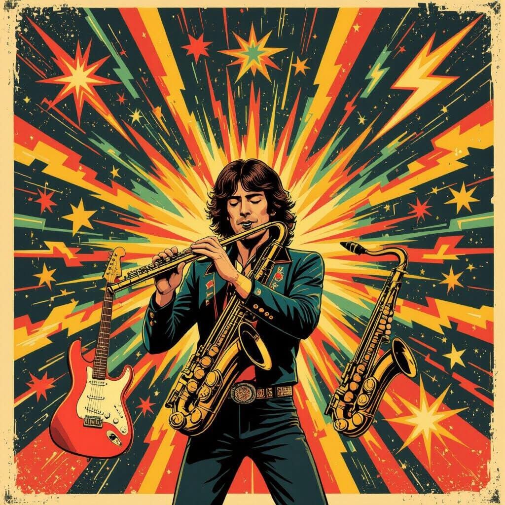 Psychedelic Musician Illustration in 1970s Style