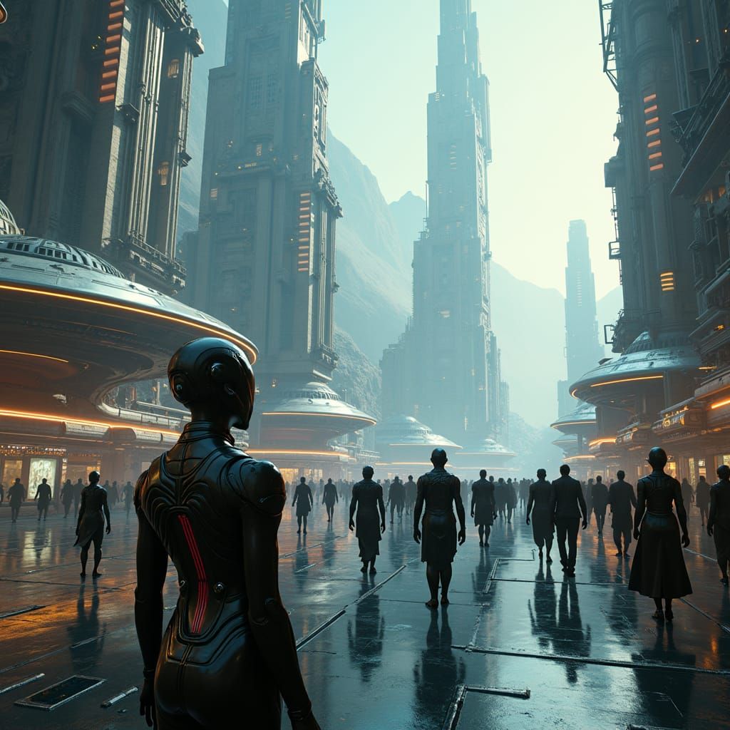 Futuristic Metropolis with Humans in Sci-Fi Style
