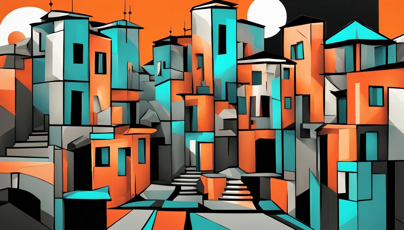 Italian Village Sunset in Cubist Style