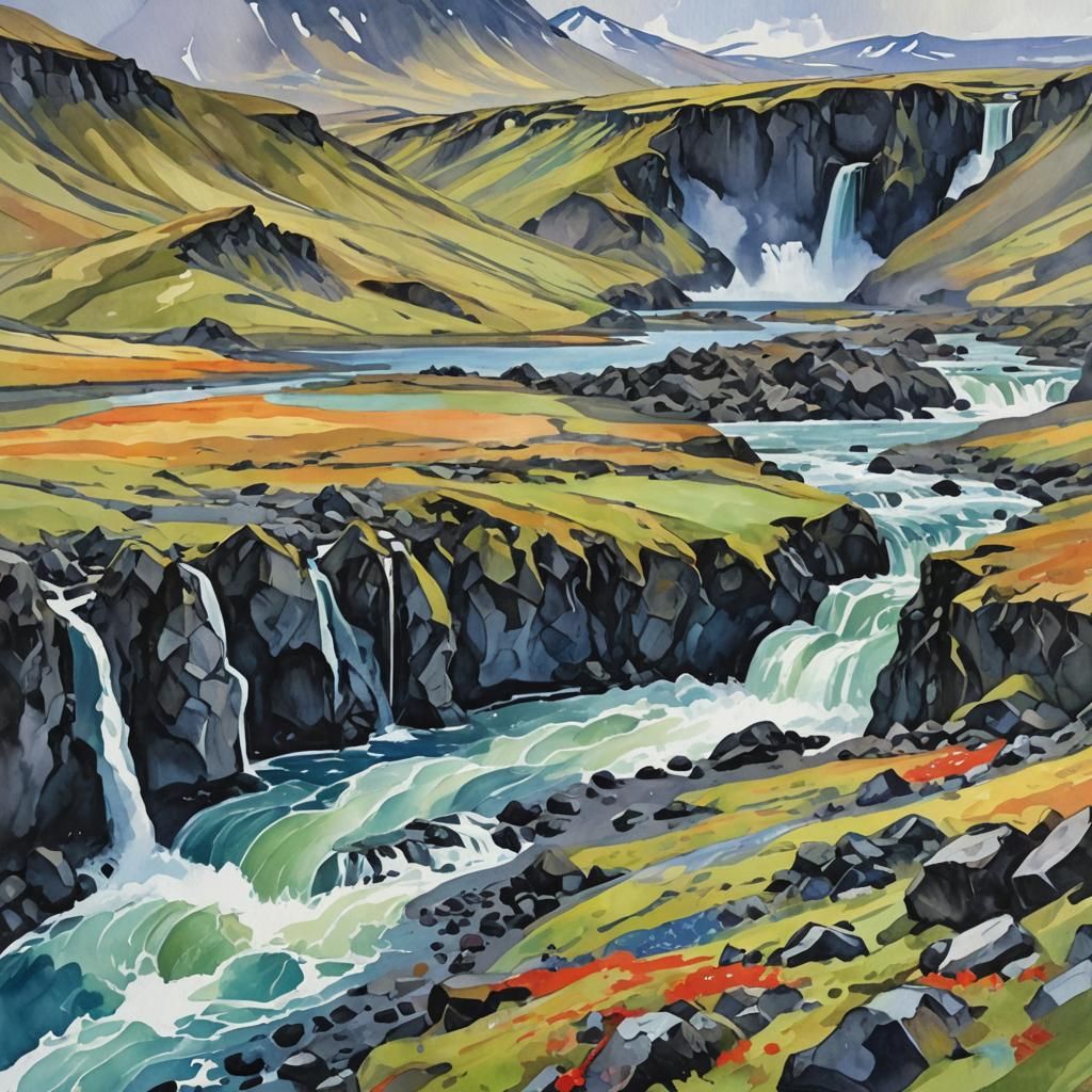 Iceland Landscape in Gouache Watercolor Style