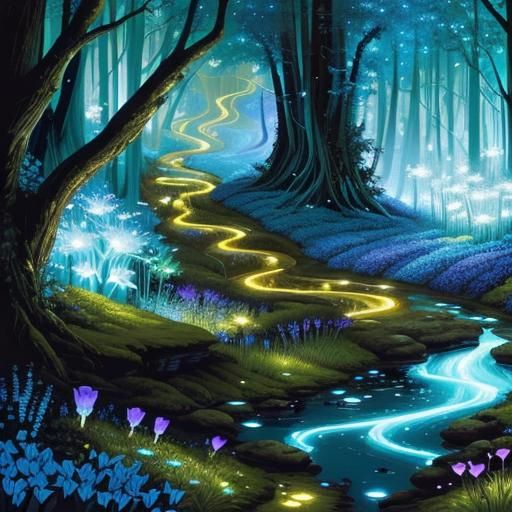 Bioluminescent Forest Stream: Fantasy Acrylic Painting