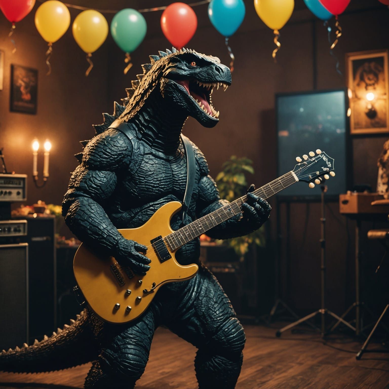 Godzilla playing the guitar and singing at his birthday part...