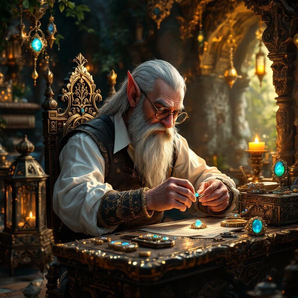 Dwarf Jeweler Crafts Fabergé Jewel in Gilded Cave