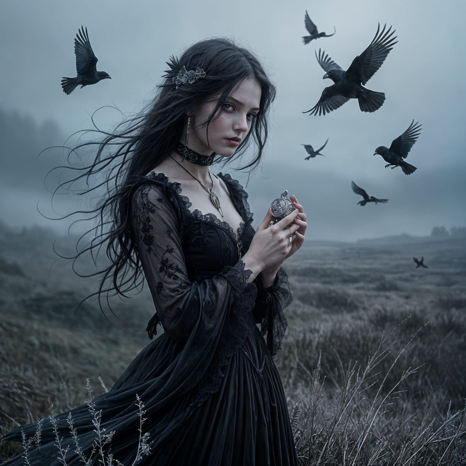 Gothic Woman in Desolate Moor: Dark Romanticism