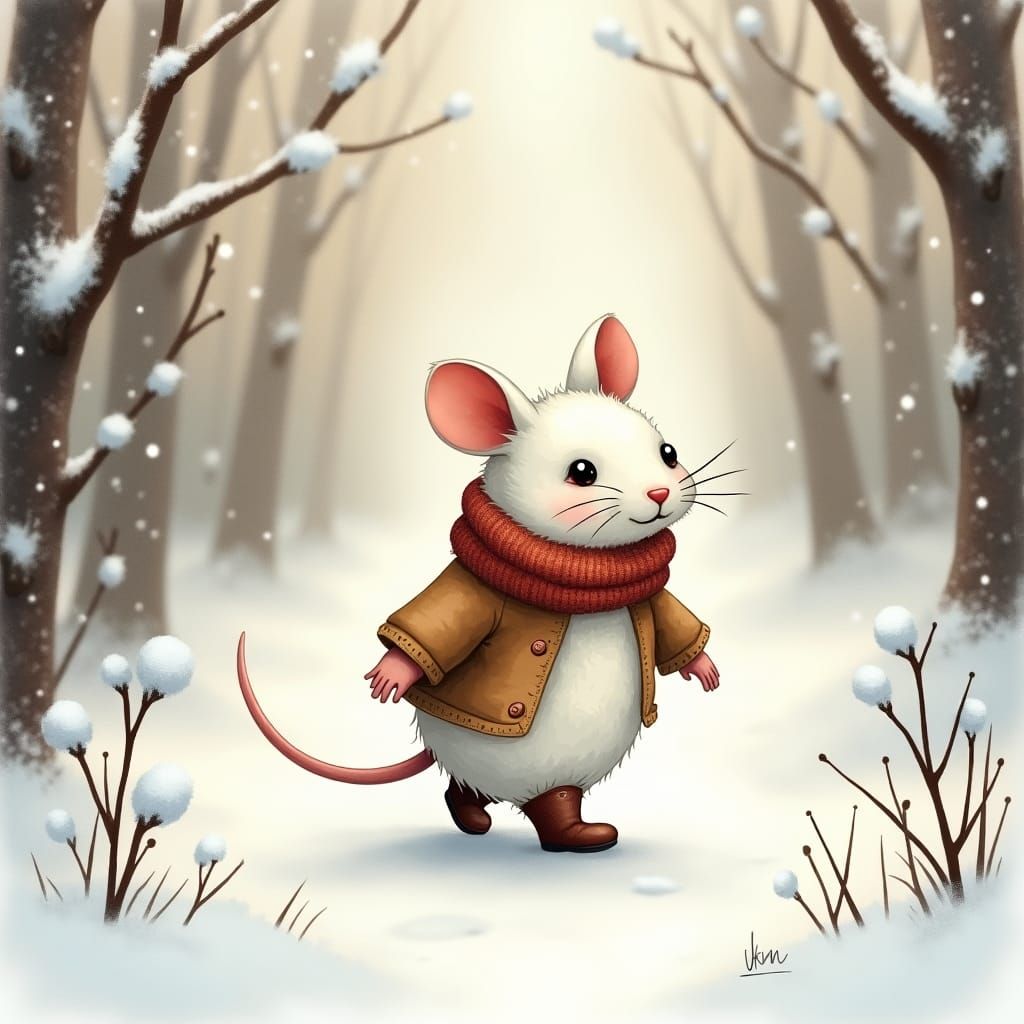 Mouse in Snowy Forest, Whimsical Illustration