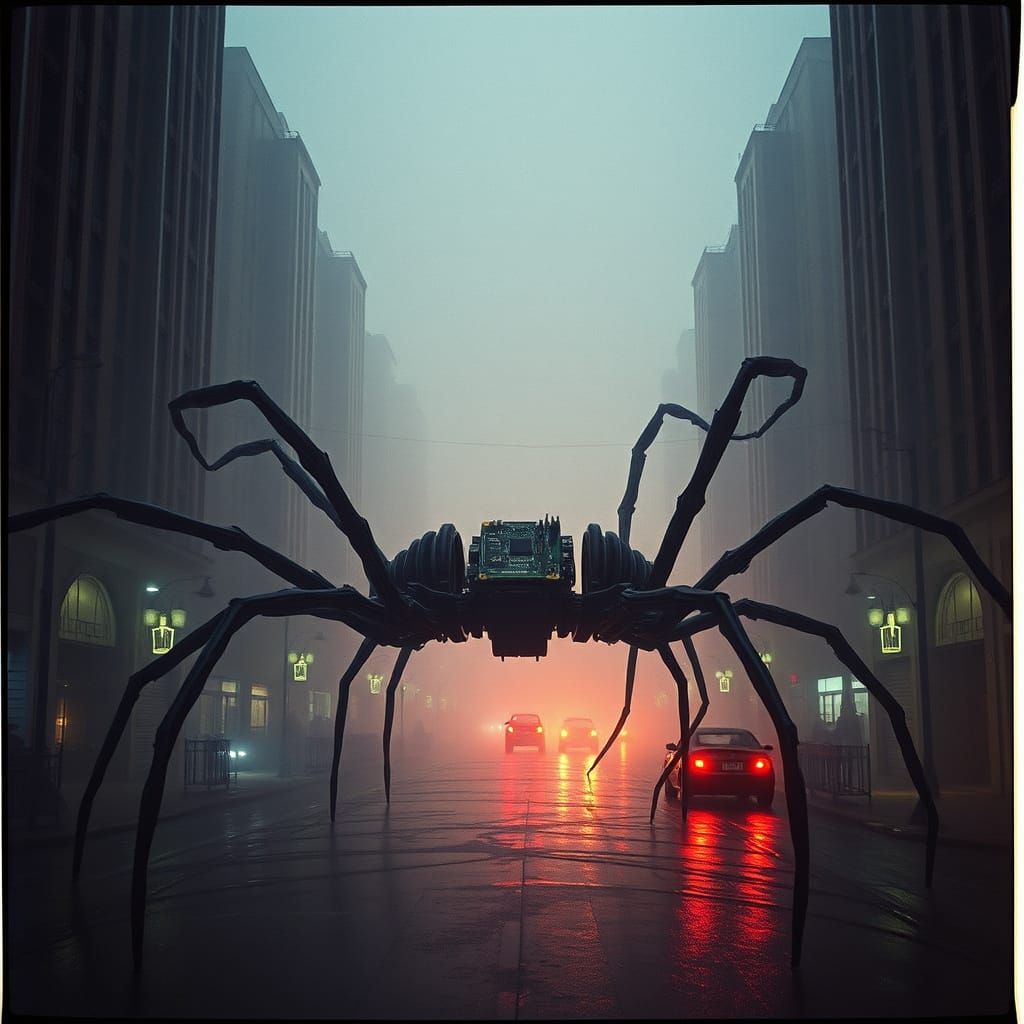 Raspberry Pi Spiders in Dark Dystopian 8mm Film Setting
