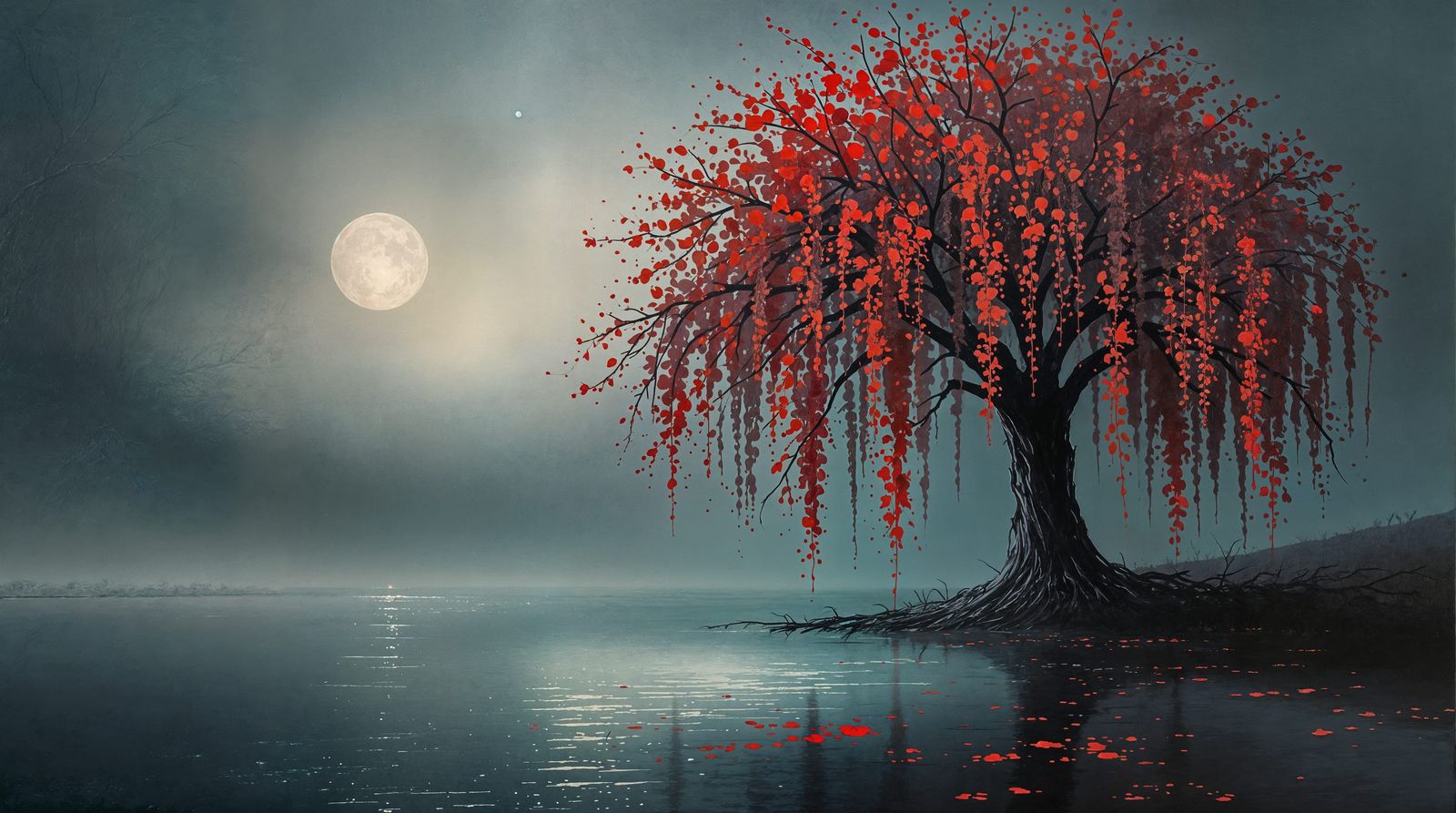 Impressionistic Weeping Willow in Crimson Twilight