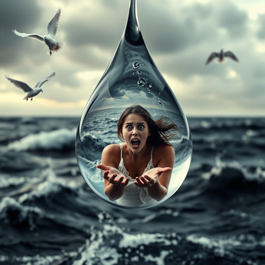 Trapped Woman in a Waterdrop, Turbulent Ocean, and Dark Sky