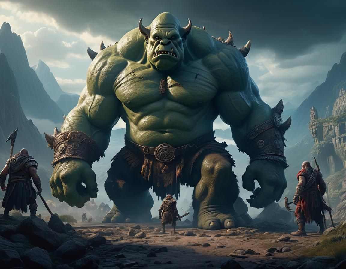 Heroes Face Ogre: Dark Fantasy Digital Masterpiece