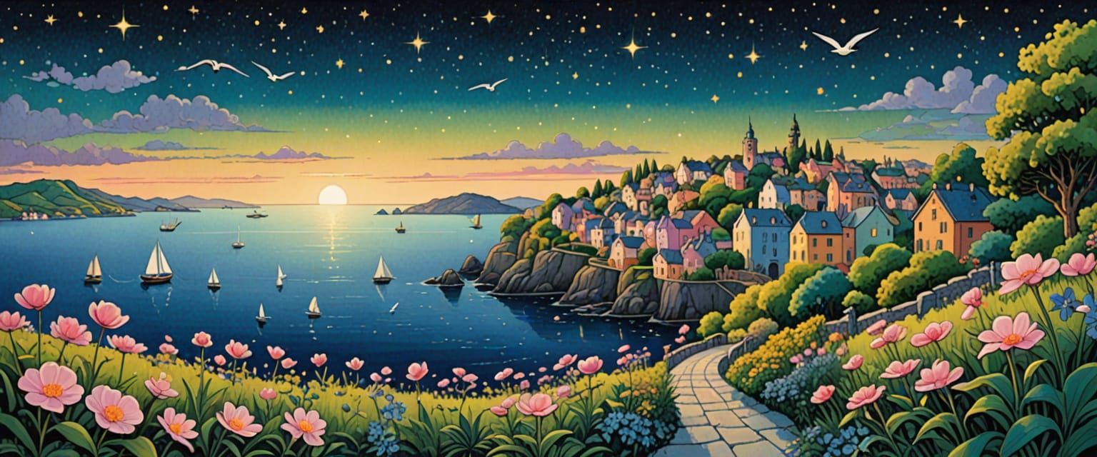 Folk Art Sea View with Arched Bridges