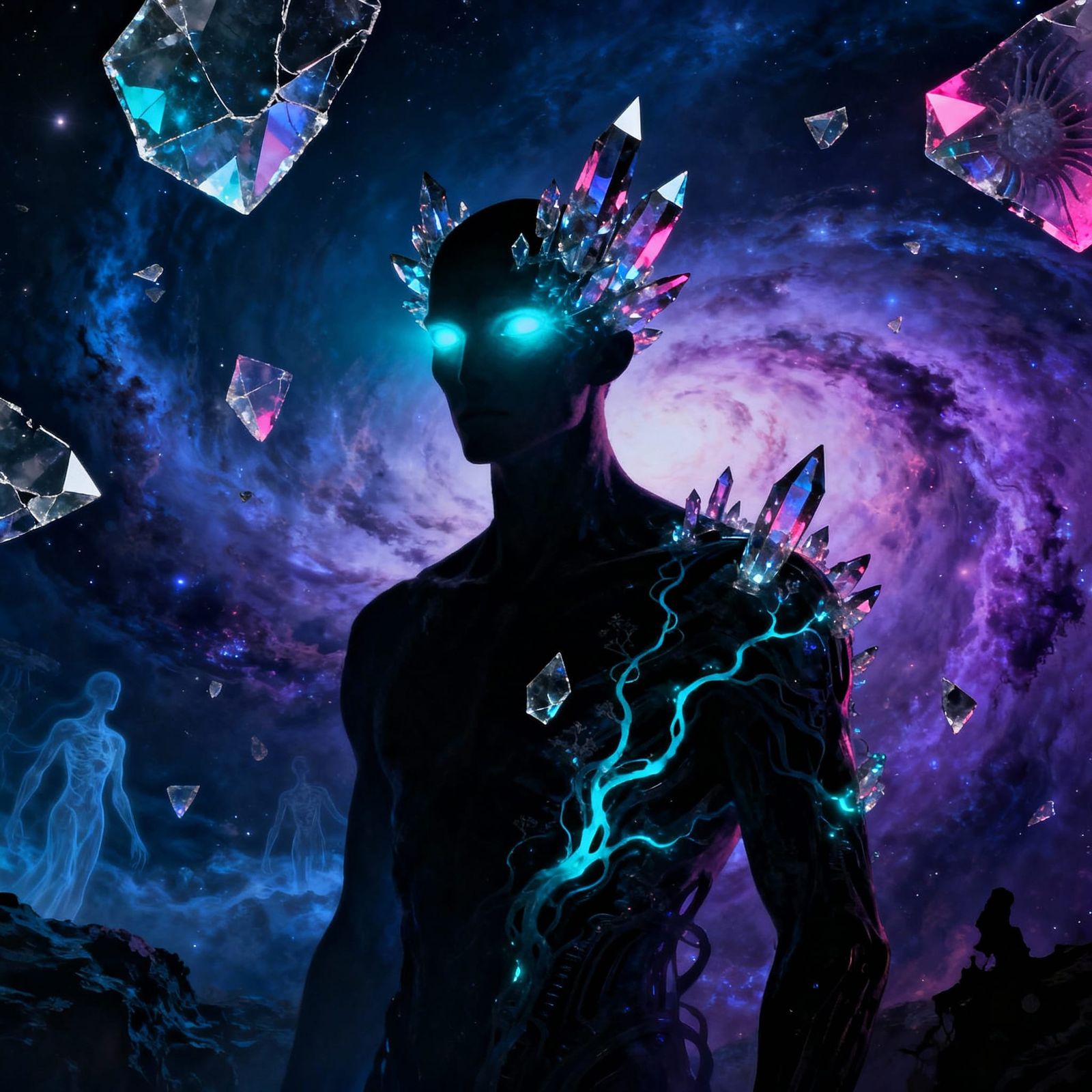 Male Silhouette With Crystal Eyes in Nebula