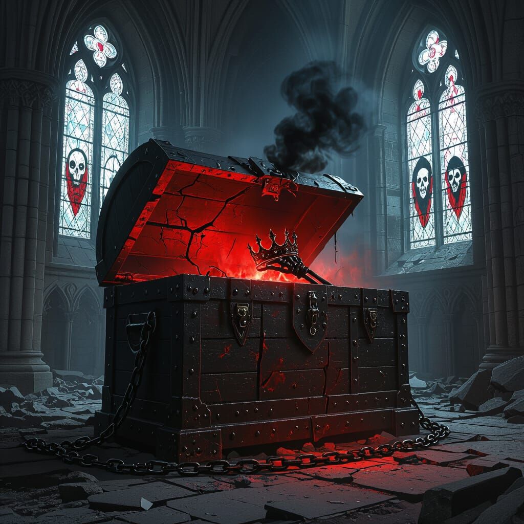 Sinister Chest in Crumbling Gothic Cathedral