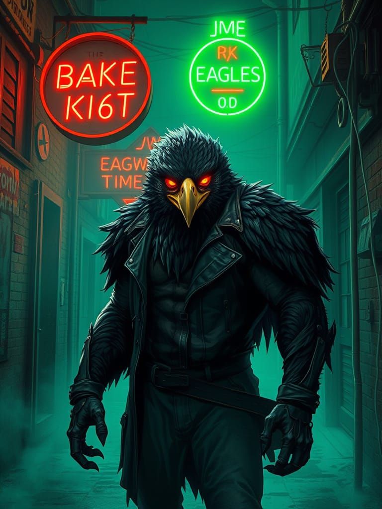 Eagle-Human Hybrid in Neon Alley: Gritty Realism