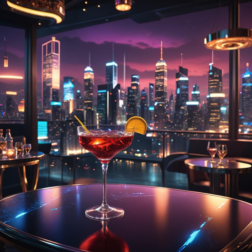 Cocktail in Futuristic City, Detailed Matte Painting