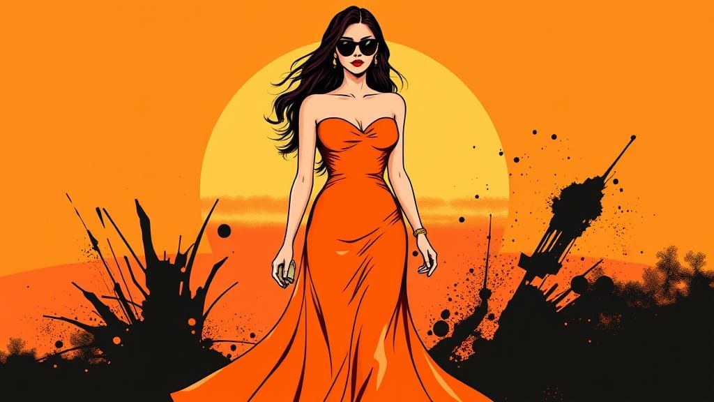 Woman in Orange Evening Gown Walks in Sunset-Inspired Landsc...