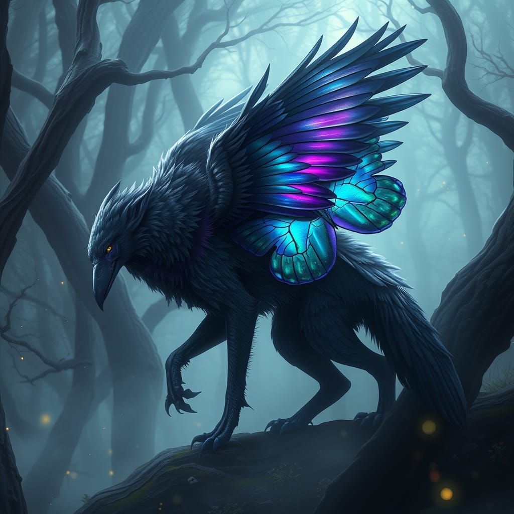 Wolf Crow Butterfly Chimera in Mystical Forest