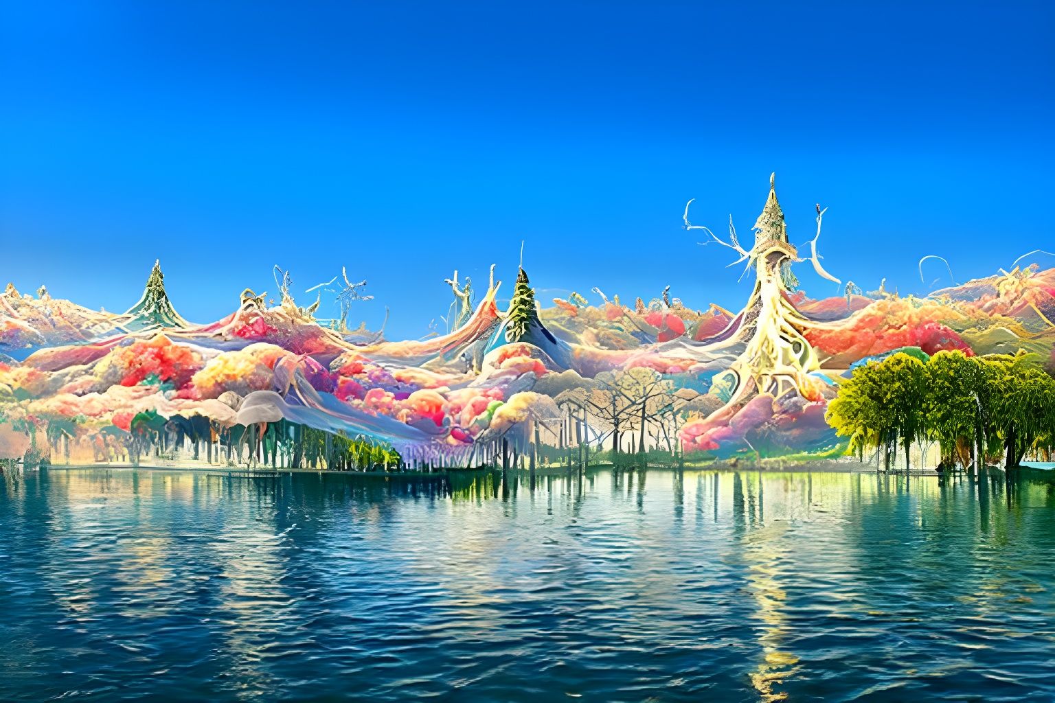 Psychedelic Woods with Swirling Tower, Detailed Digital Art