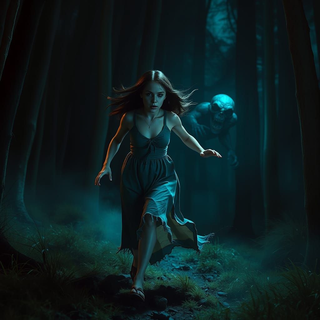 Woman Running From Monster in Dark Forest