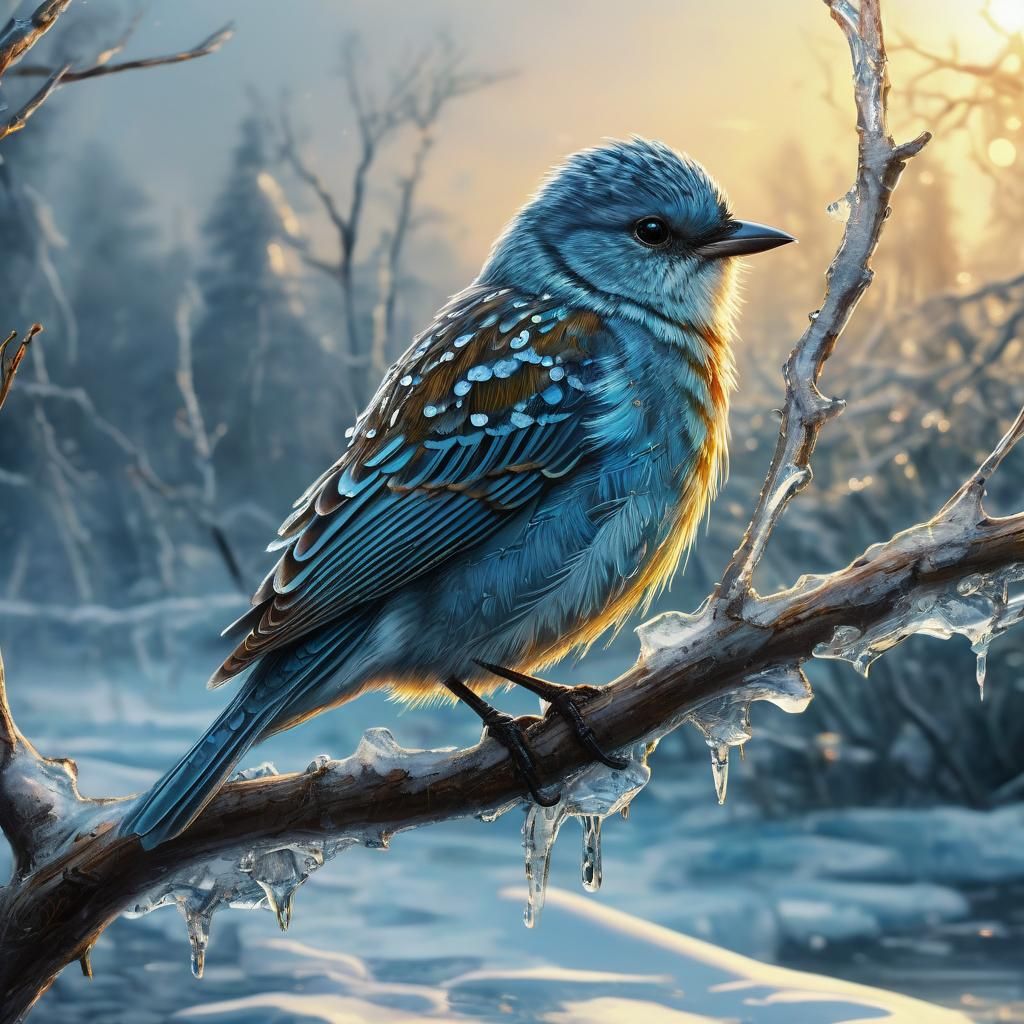 Icy Bird on Branch Melts in Sunlight: Hyperdetailed Painting