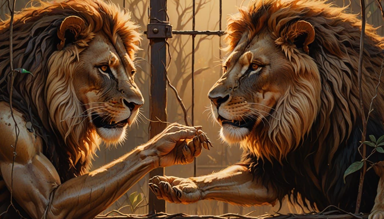 Humanoid Lion Helping Caged Man, Oil Painting