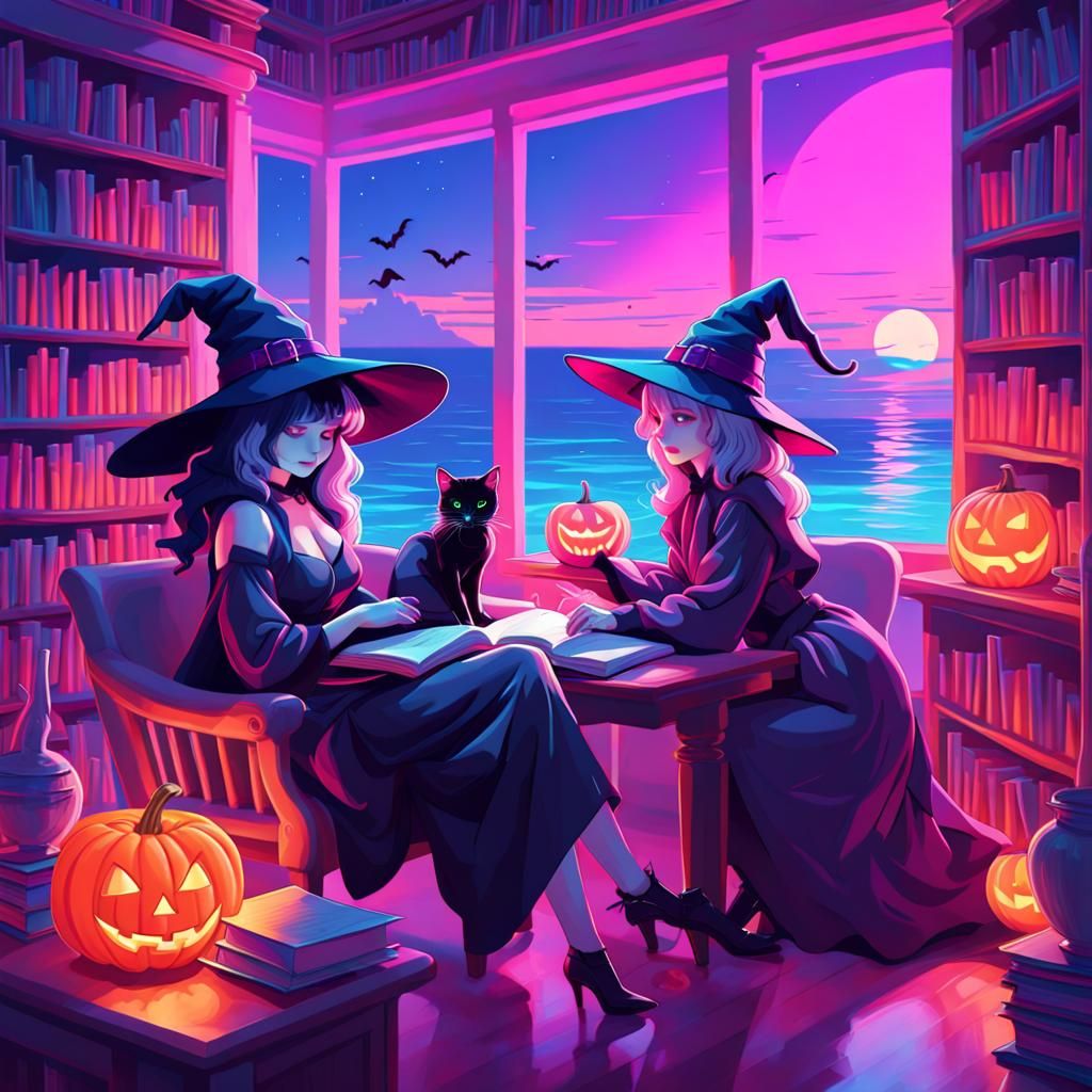 Halloween Witch and Cat in Synthwave Library