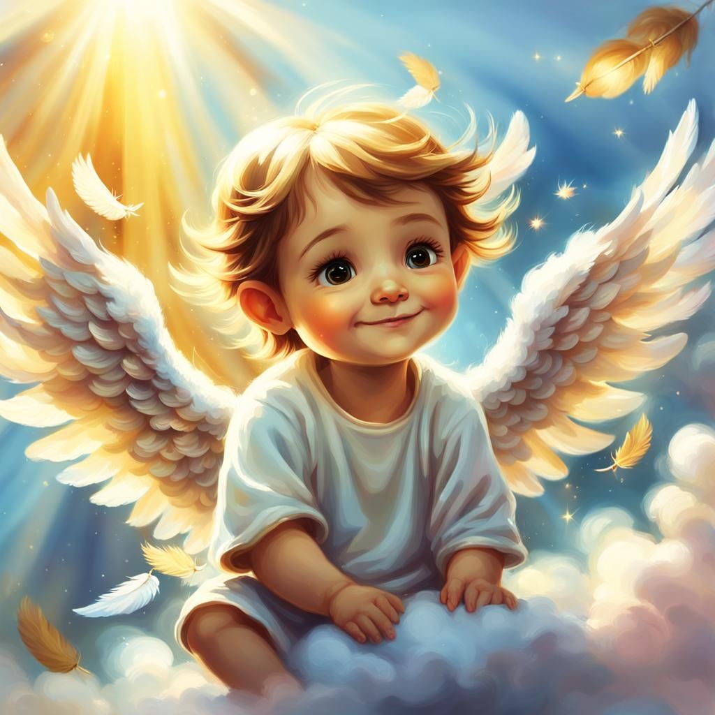 Smiling Angel Floating in Heavenly Sky