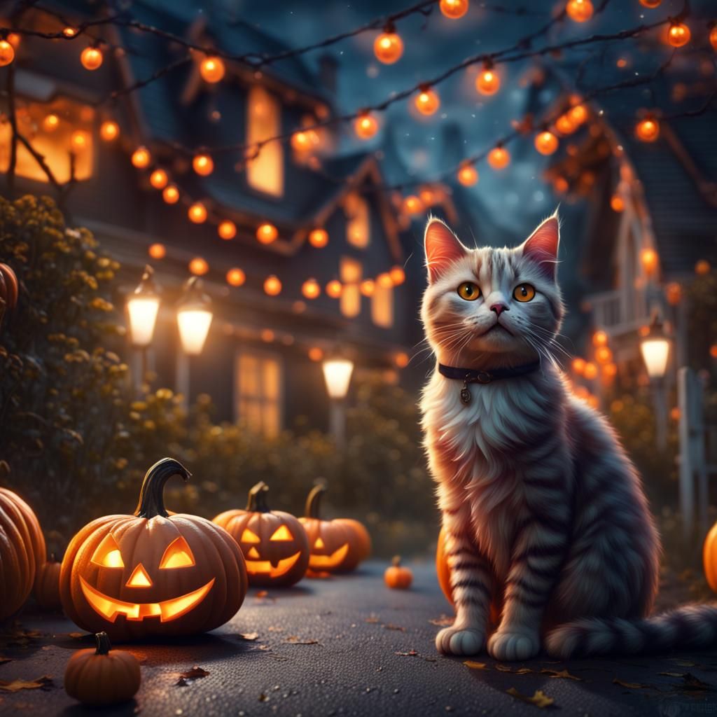 Halloween Cat in Suburb: Fantasy Concept Art