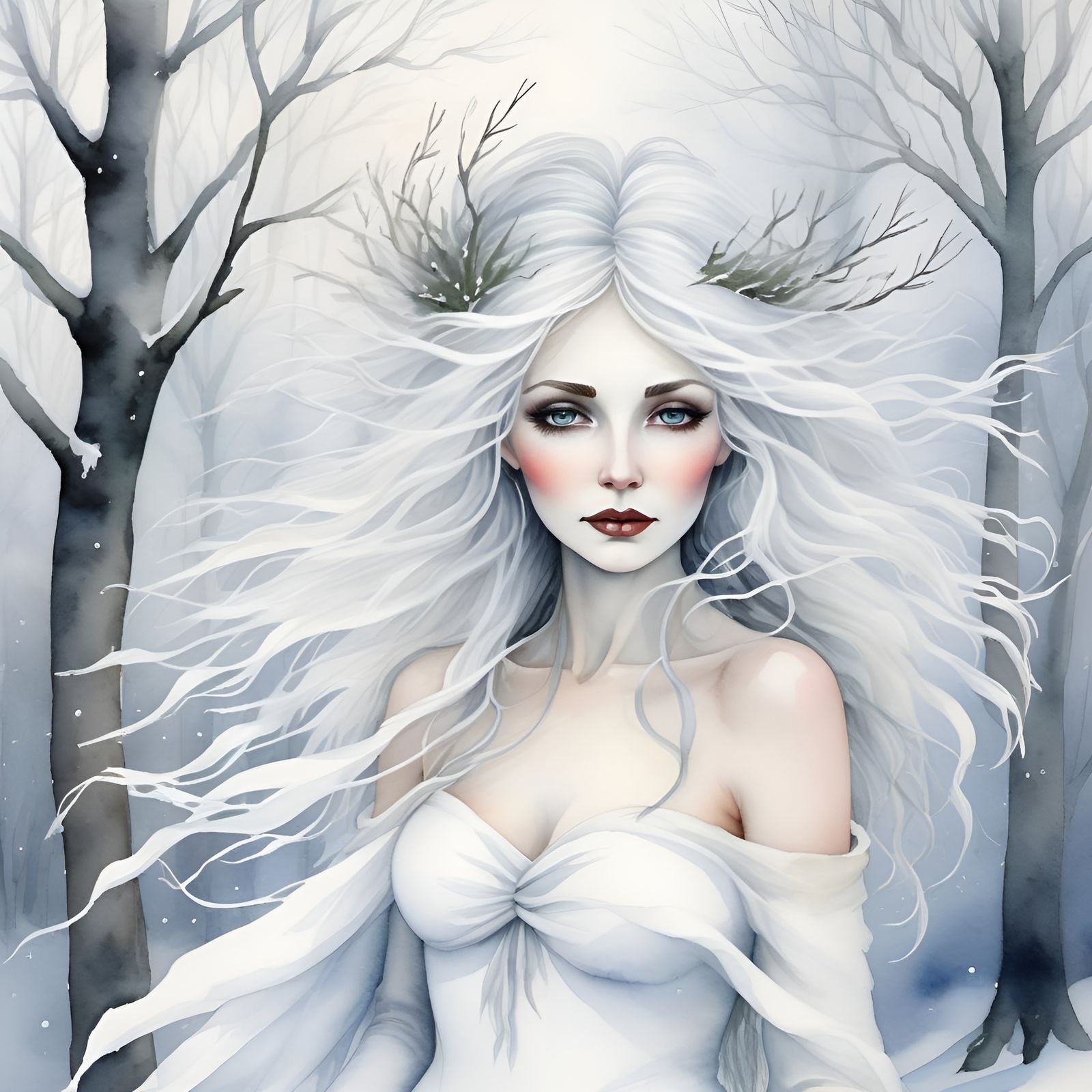 Winter Witch in Windswept Woods: Watercolor Art