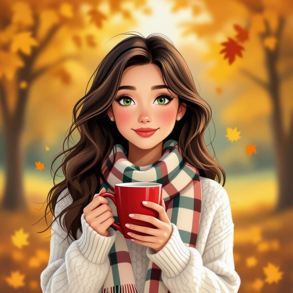 Young Woman with Mug in Autumn, Impressionistic Style