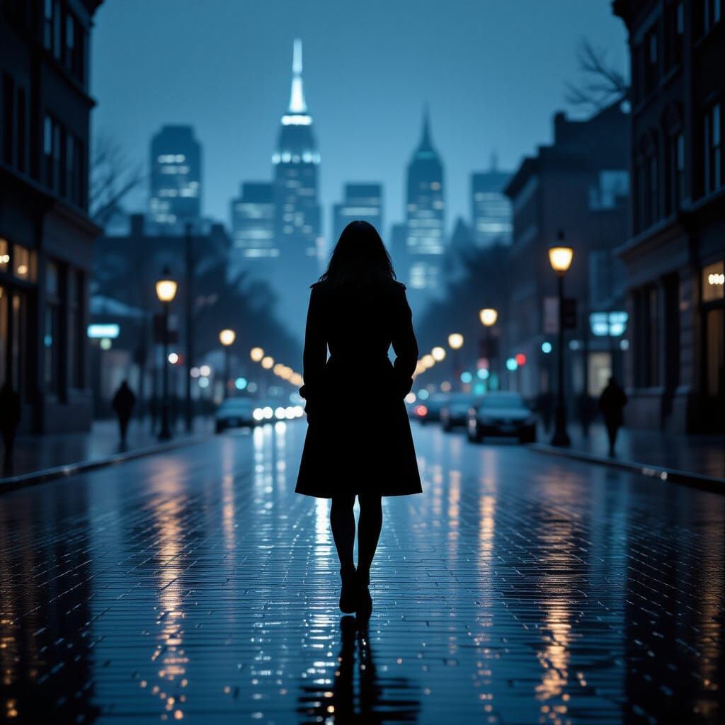 Melancholic Woman on Rainy Cobblestone Street