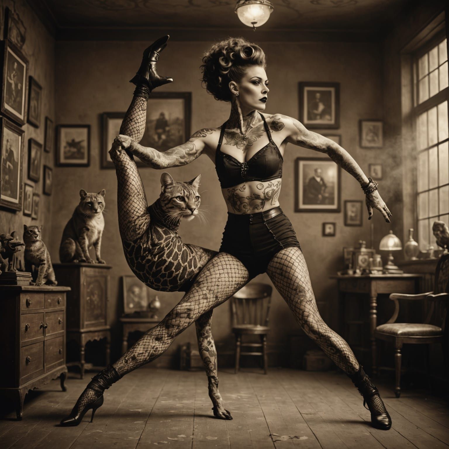 Tattooed Contortionist in Sepia Vintage Photo