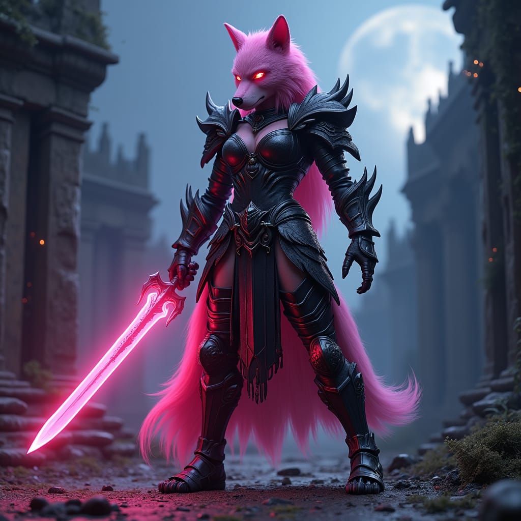 Pink Werewolf Warrior in Gothic Ruins
