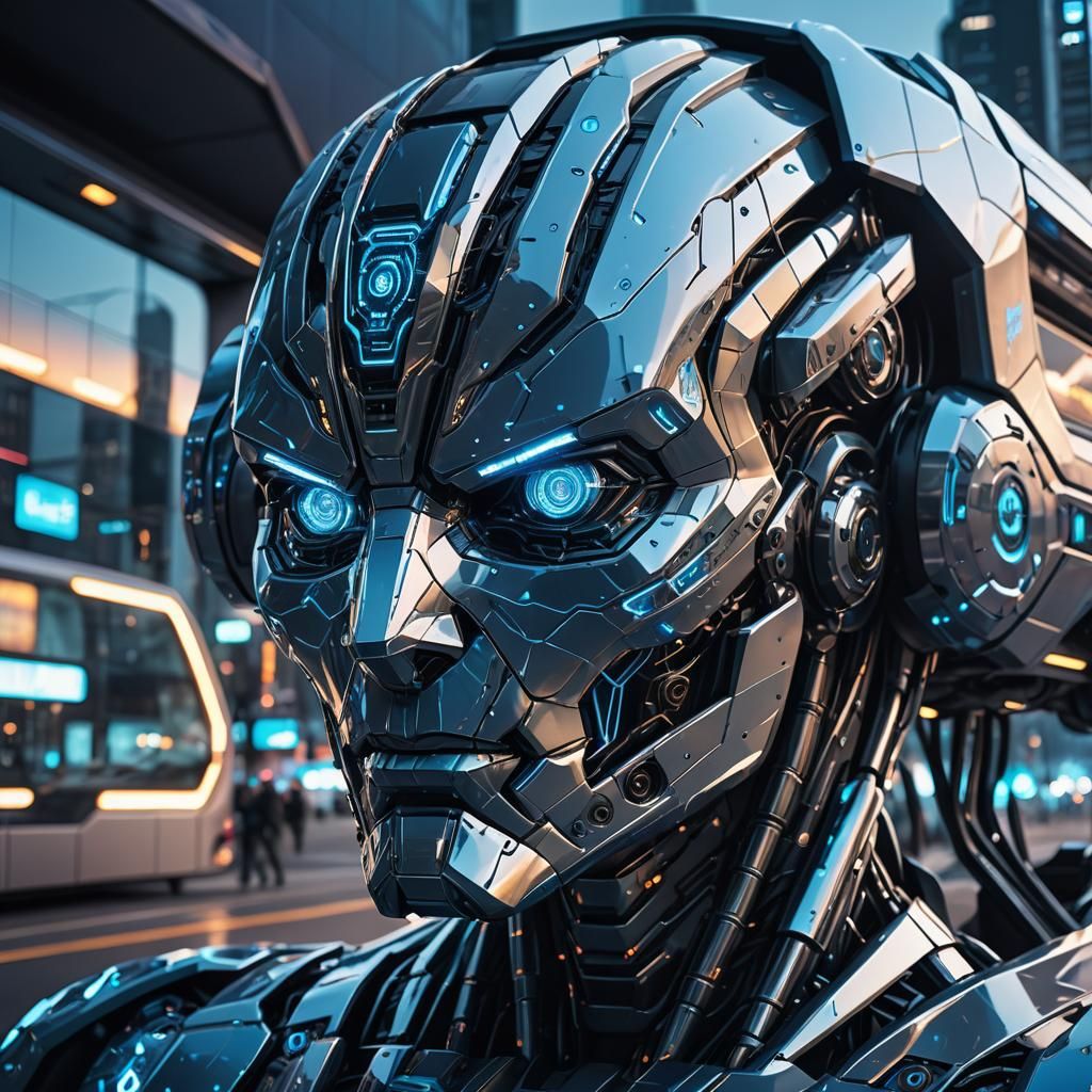 Futuristic Blue-Lit Robotic Bus in Detailed 3D Render