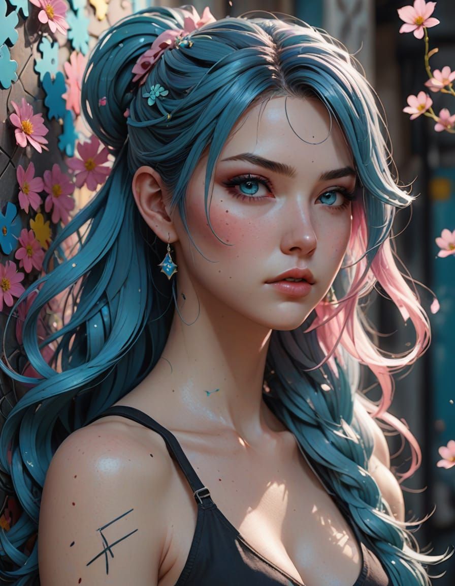 Dreamy Anime Girl with Graffiti in 3D Pop Art Style