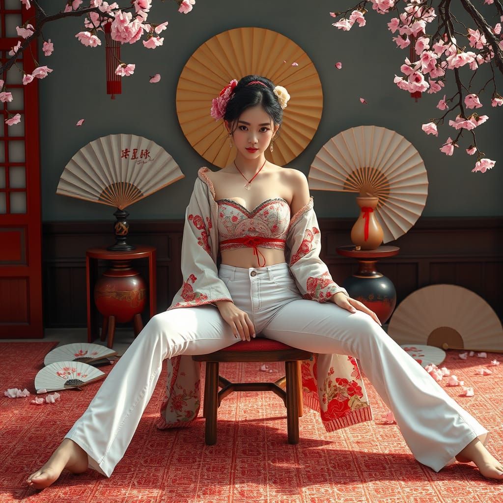 Geisha in Modern Attire with Japanese Accents