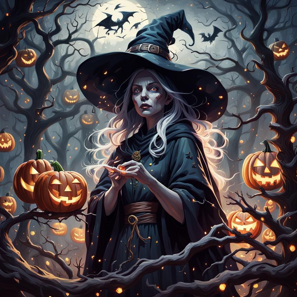 Eerie Witchcraft in a Gothic Halloween Forest