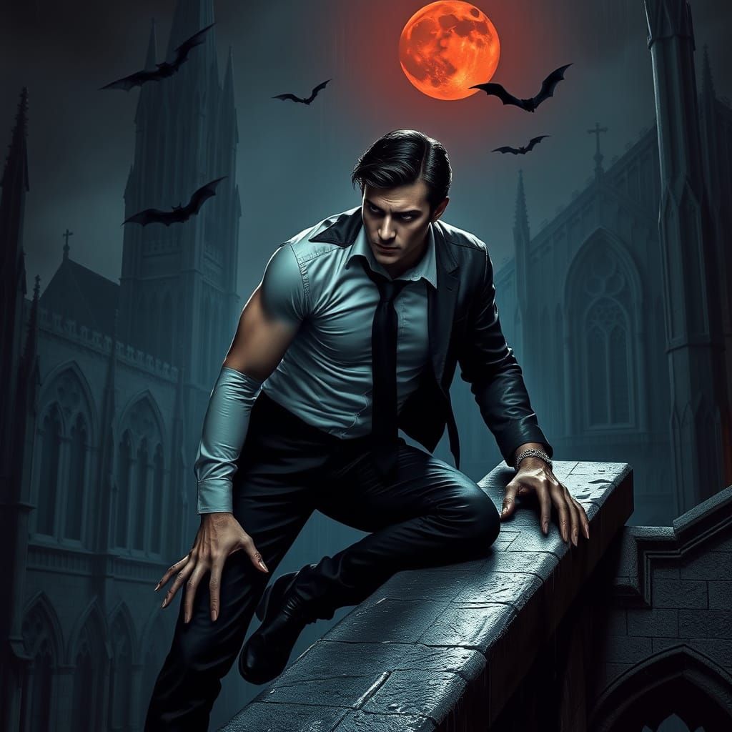 Vampire Man on Stone Ledge Under Blood Moon