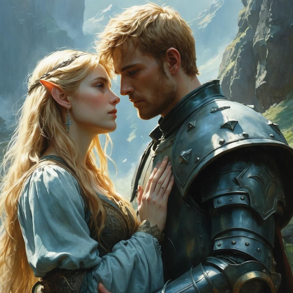 Elegant Elven Princess and Valiant Knight in Majestic Gondol...
