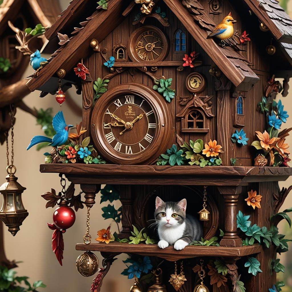 Kitten Mesmerized by Cuckoo Clock in Swiss Chalet