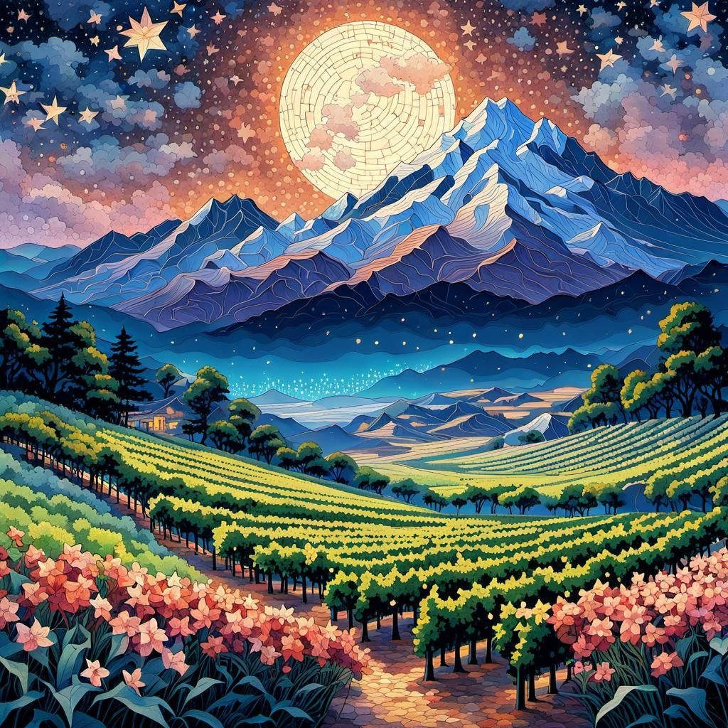 Ukiyo-e Spring Landscape with Mosaic Starry Sky