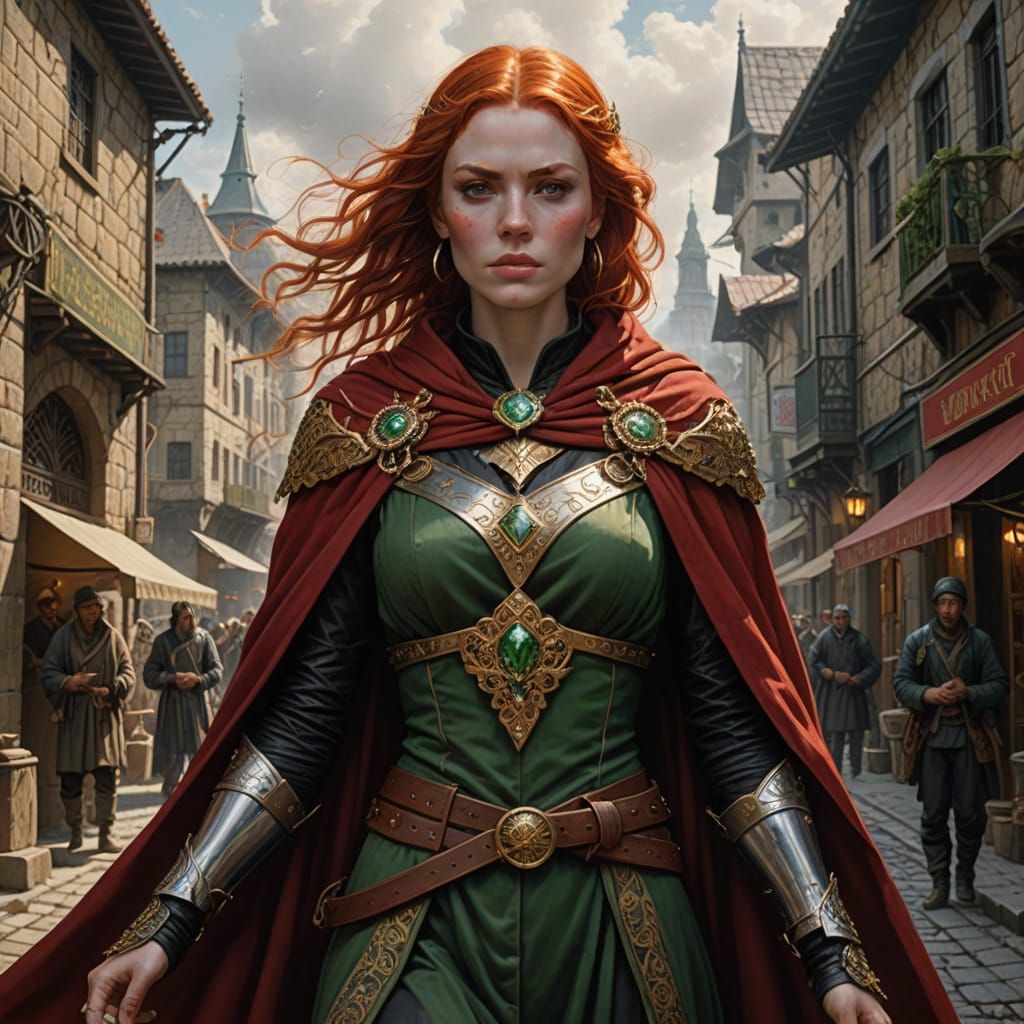 Medieval Warrior in Combat Stance with Red Hair and Dark Arm...