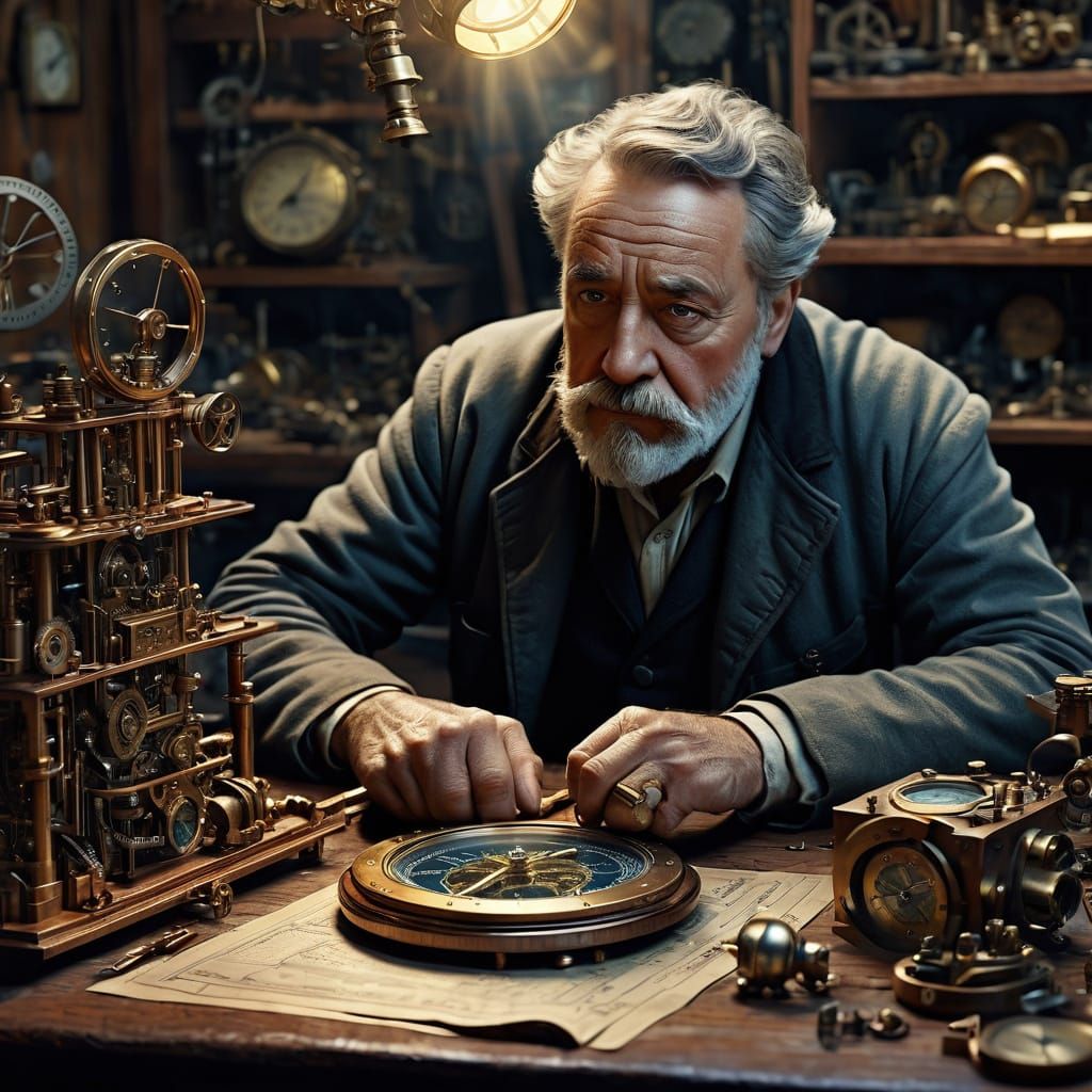 Steampunk Inventor in a Cluttered Workshop