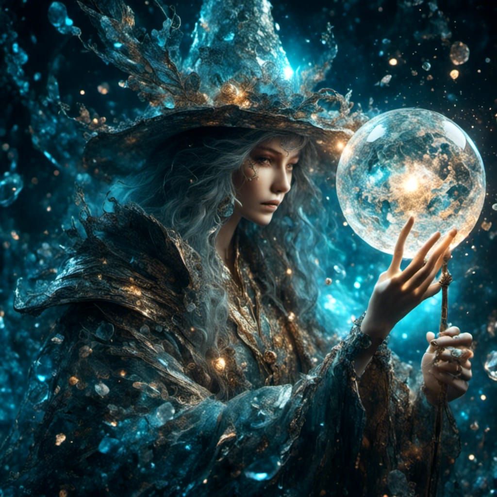 Hyperrealistic Wizard with Crystal Ball Wand