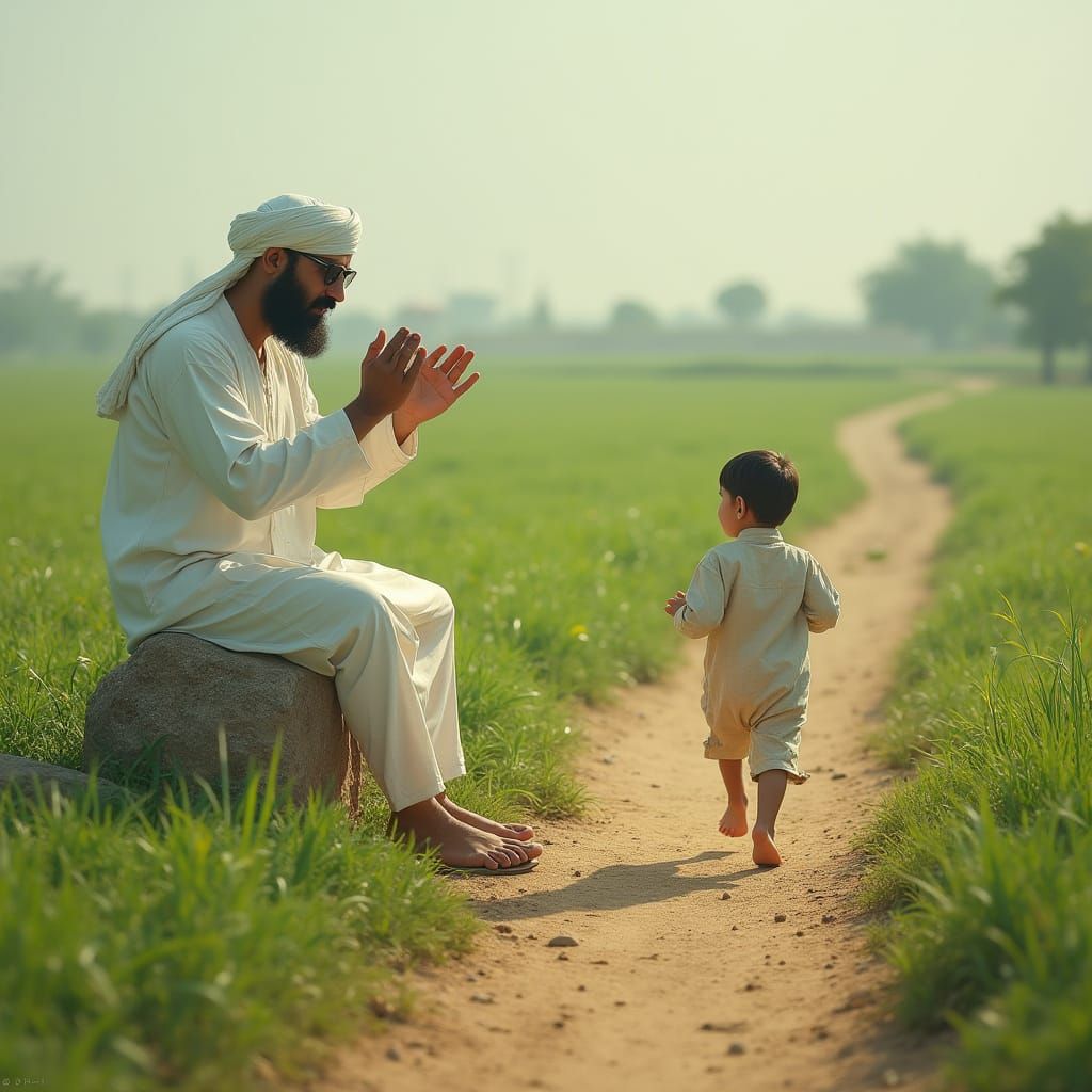 Father's Joy in Vibrant Pakistani Countryside