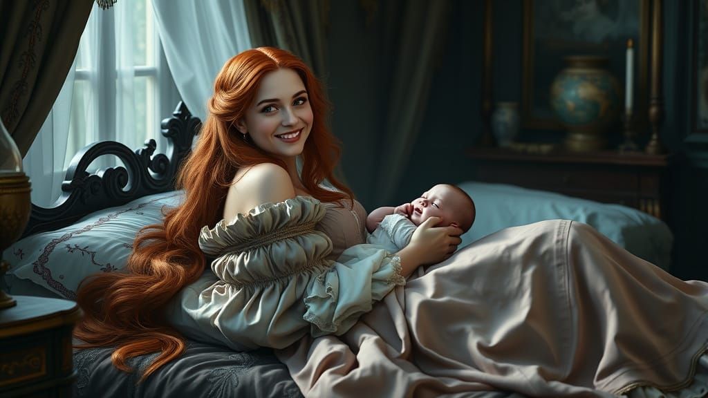 Regal Duchess Cradles Infant Son in Lavish 19th Century Bedr...