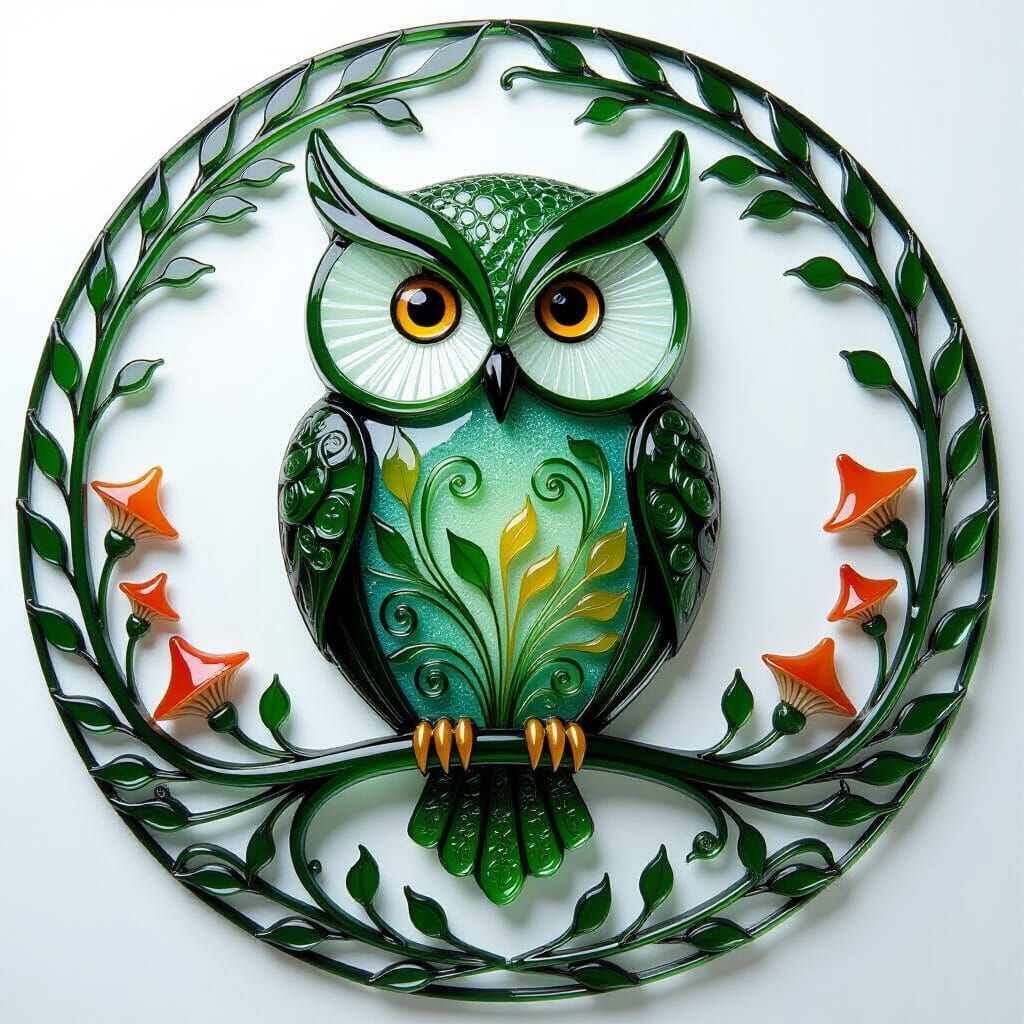Molten Glass Owl with Botanical Ornamentation in Vine Frame